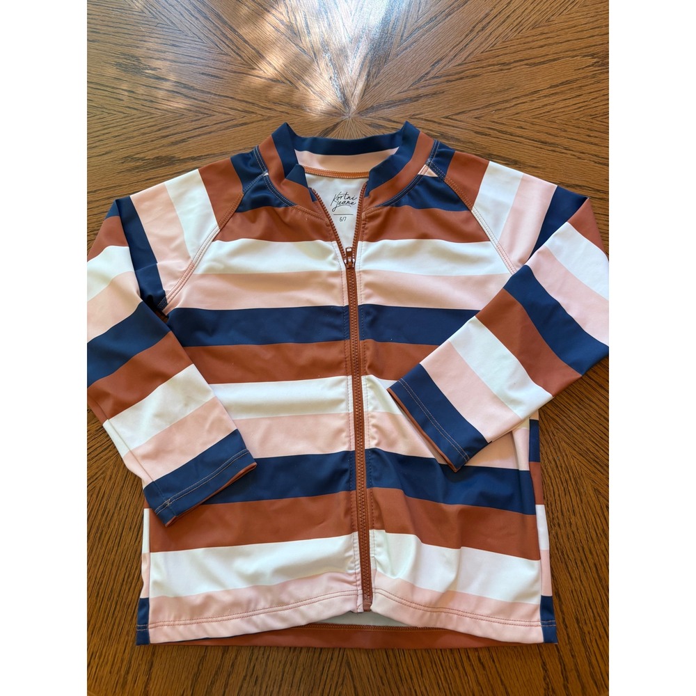 Kortni Jeane Kids Zip Front Long Sleeve Rash Guard Striped Swim‎ Top Size 6/7
